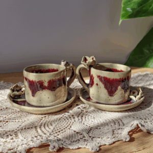 Ceramiczna filiżanka ze spodkiem - Kwiatek i ptaszek 60ml