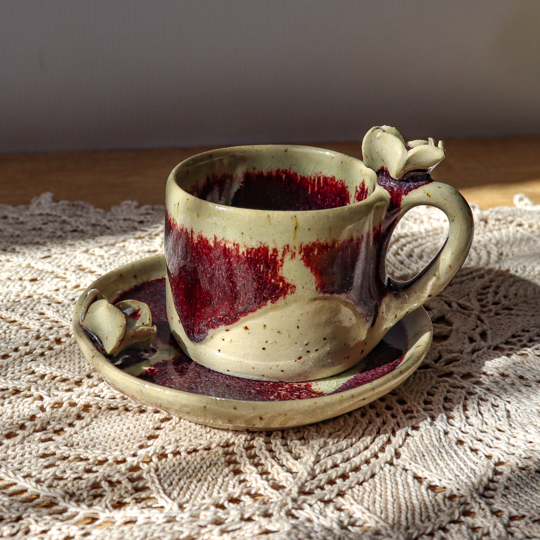 Ceramiczna filiżanka ze spodkiem - Kwiatek i ptaszek 60ml - obrazek 8