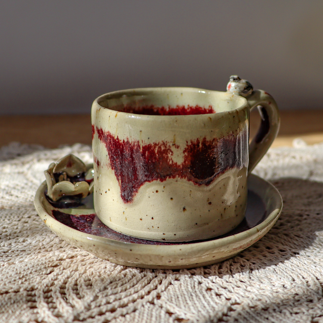 Ceramiczna filiżanka ze spodkiem - Kwiatek i ptaszek 60ml - obrazek 4